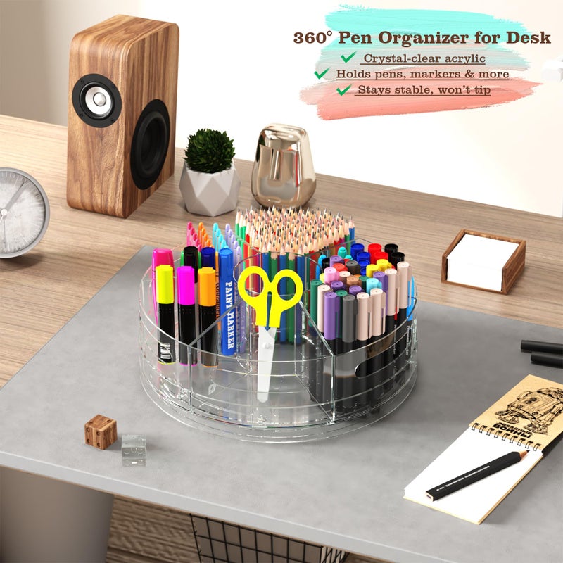 CraftGenes Pen Organizer for Desk - Acrylic Pen Holder with Hand Grips, 360 Extra Large Rotating Desk Organizer with 7 Removable Compartments for Office, Home, and Makeup Storage, Marker Organizer - Image 3